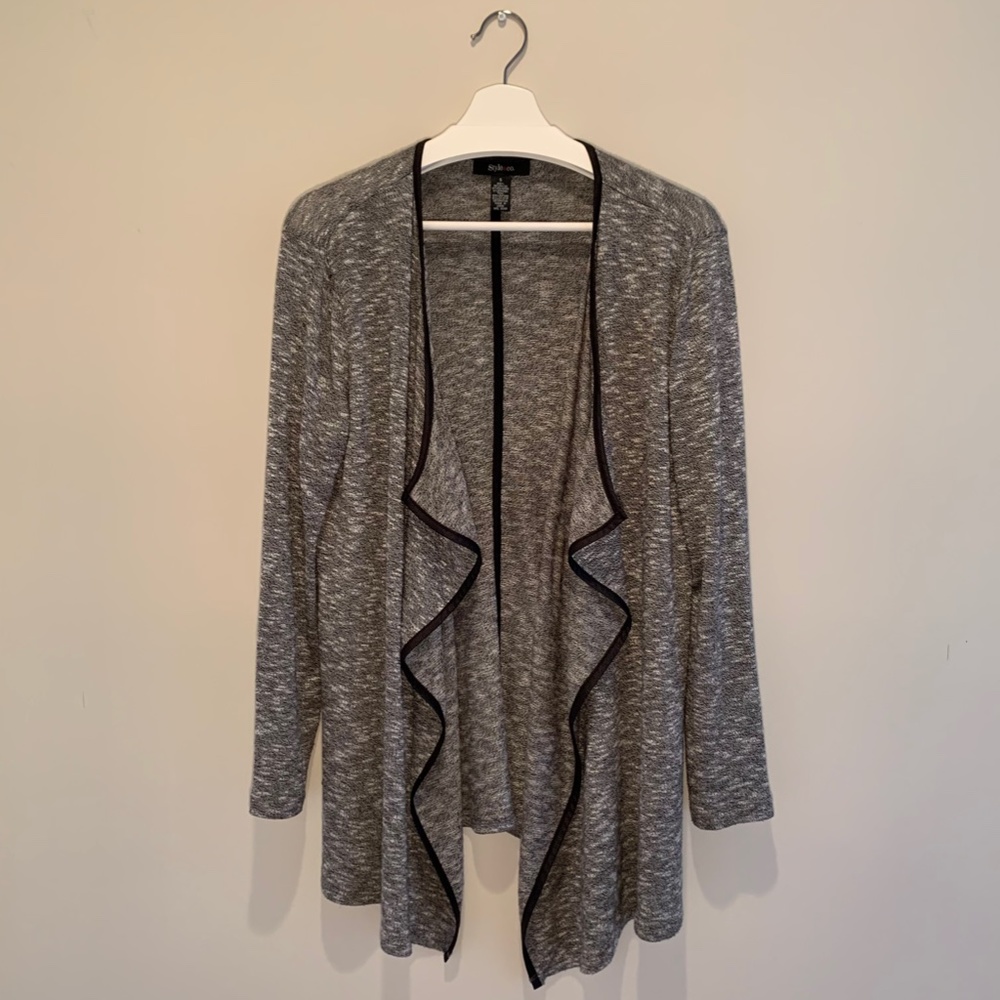 Style and Co. black and white marled light weight sweater with faux leather trim